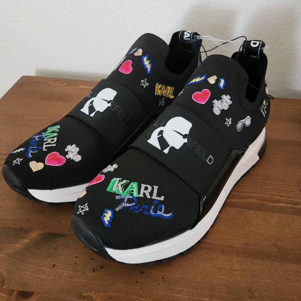 Karl LagerfeldMattia Logo Embroidered Stretch Knit Sneakers Black NWOB